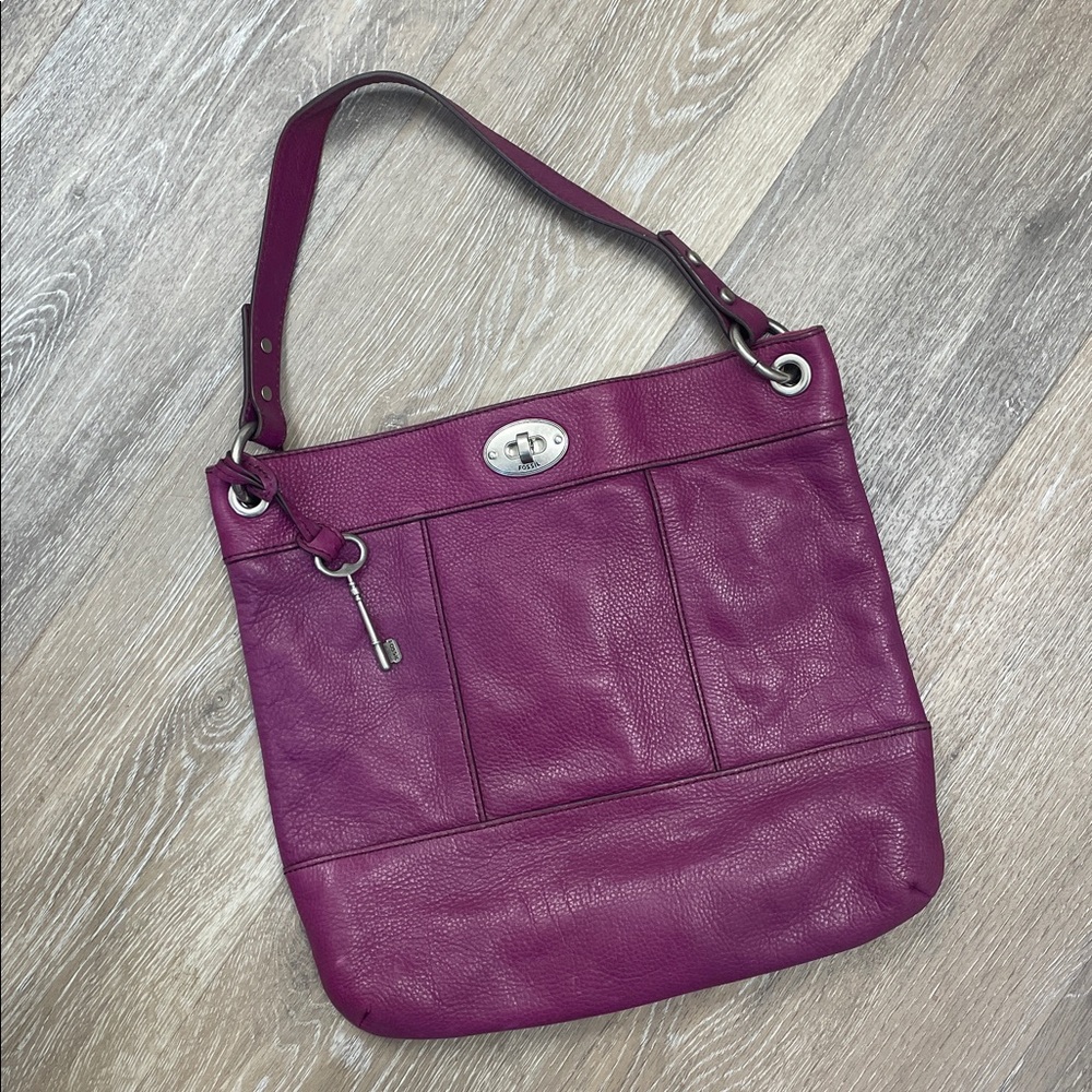 Fossil Purple Leather Purse Boho Bag Black Stitching Includes Long Strap